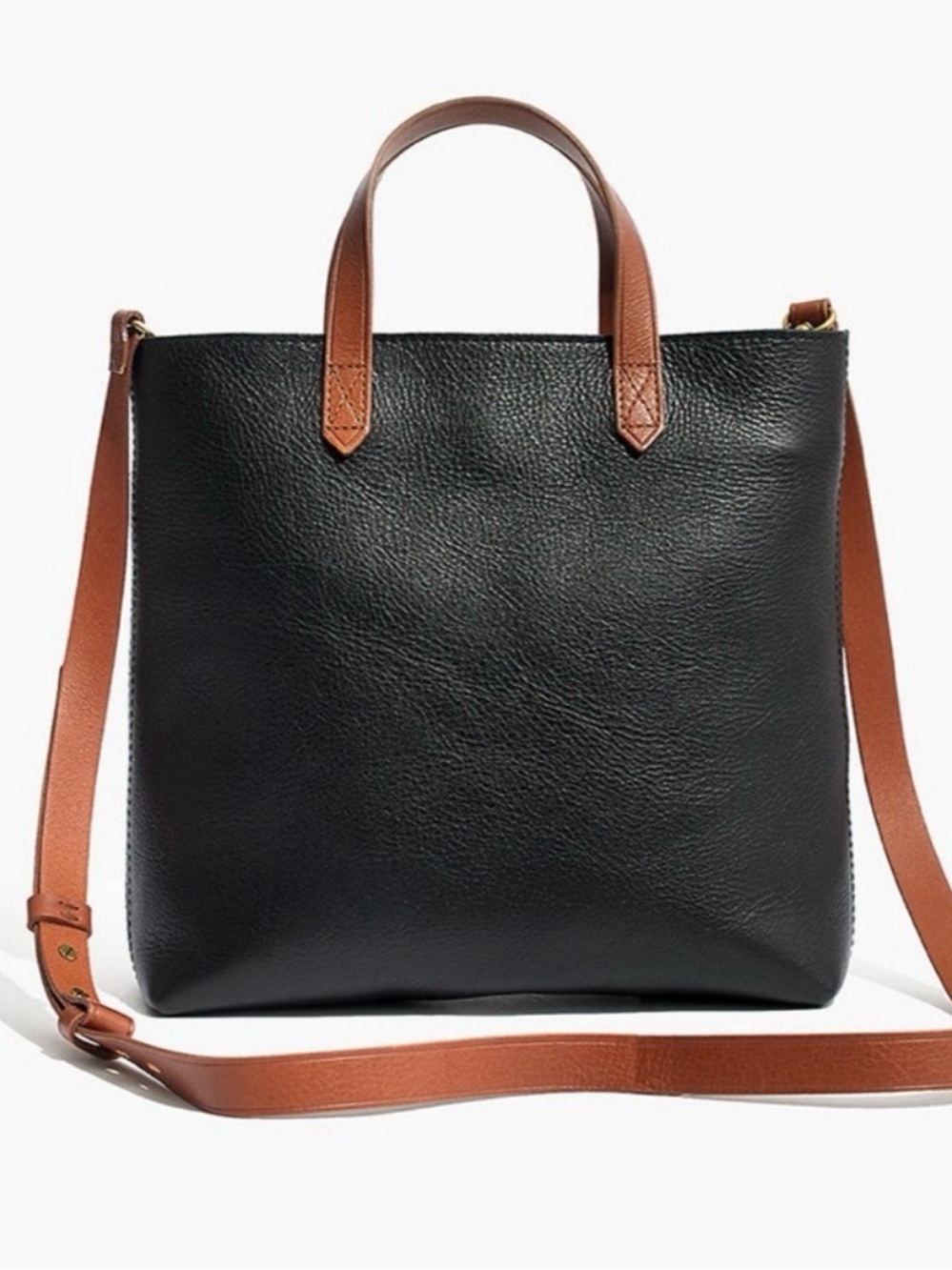 Madewell Black Leather Tote with Tan Handles and Strap